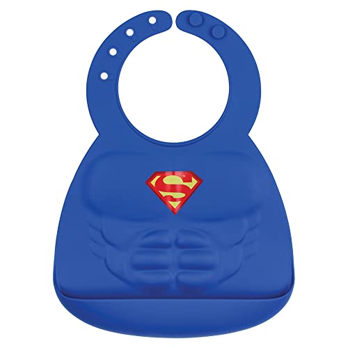 Bumkins Bibs, Silicone Pocket for Babies, Baby Bib for Girl or Boy, for 6-24 Months Up to Toddler, Essential Must Have for Eating, Feeding, Baby Led Weaning Supplies, Mess Saving, Superman DC Comics