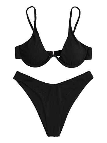 Verdusa Women's 2 Piece Triangle Bikini High Cut Bathing Suit Swimwear Black L