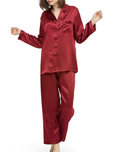 LILYSILK Silk Pajamas for Women Button Up Pajamas Set for Ladies Girls Soft Maternity Pajamas Birthday Bridal Party Gift for Christmas Anniversary Valentine's day, Claret L