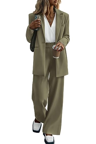 PRETTYGARDEN Women's 2023 Fall Two Piece Outfits Blazer Jacket and Wide Leg Pants Pockets Business Casual Suit Sets (Army Green,Small)