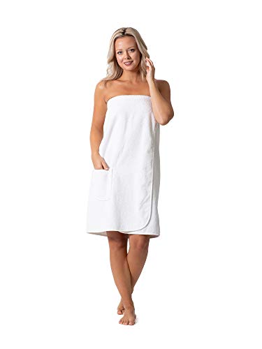 Robe Direct Women’s Terry Cloth Spa and Bath Towel Wrap with Adjustable Closure & Elastic Top (White, Large/One Size)