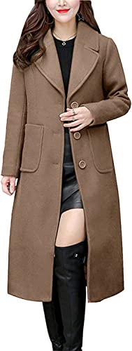 chouyatou Women's Big Notch Lapel Single Breasted Mid-Long Wool Blend Coat (Medium, Khaki)