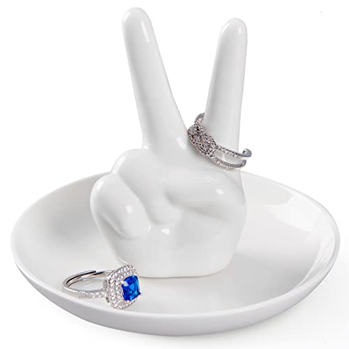 Spegiffu Hand Ring Holder Jewelry Dish, Victory Hand Jewelry Holder Peace Sign Finger Ring Stand - Wedding Engagement Ring Dish Tray, Funny Gifts for Women Birthday Christmas Valentines Mother‘s Day