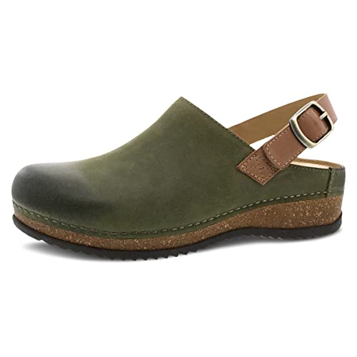 Dansko Women's Merrin Sling-Back Mule Clog - Dual Density Cork/EVA Midsole and Lightweight Rubber Outsole Provide Durable and Comfortable Ride on Patented Stapled Construction Olive 9.5-10 M US
