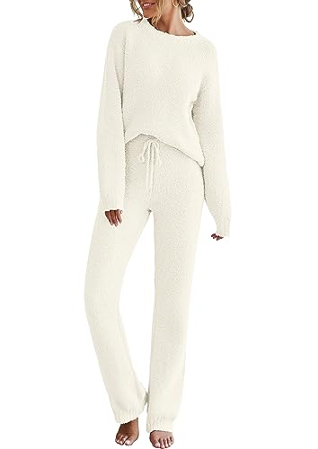 MEROKEETY Womens Fuzzy Fleece Long Sleeve 2 Piece Loungewear Outfits Sweater Pants Pajama Sets, Beige, Large