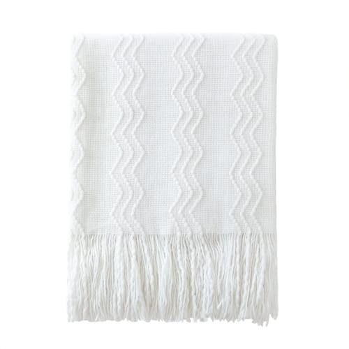 BOURINA Throw Blanket Textured Solid Soft for Sofa Couch Decorative Knitted Blanket, 50' x 60' Off White