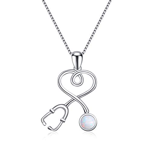 AOBOCO Sterling Silver Doctor Nurse Necklace for Women, Infinity Heart Stethoscope Pendant, Simulated Opal Birthstone, Medical Jewelry Doctor Nurse Gifts for Graduation Retirement Nurse Week(White)