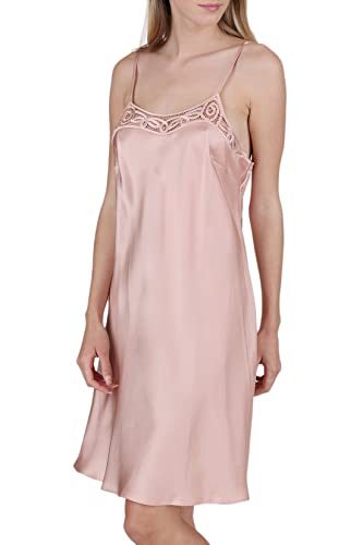 OSCAR ROSSA Women's 100% Silk Slip Chemise Nightgown with Hand Crocheted Neck, Bridal Rose, L