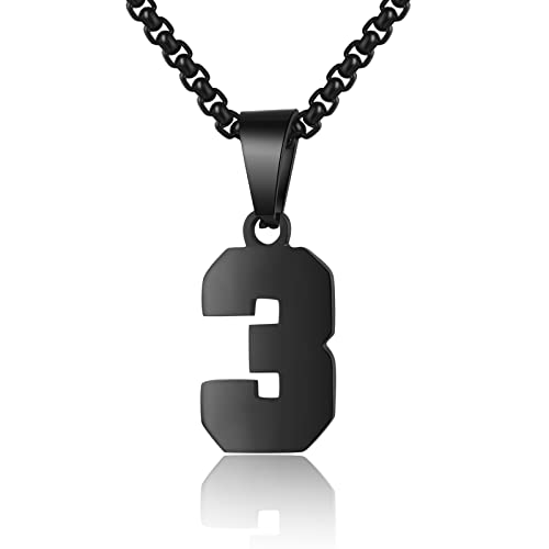 Number Necklace for Boy Black Athletes Number Stainless Steel Chain 00-99 Number Charm Pendant Personalized Sports Jewelry for Men Basketball Baseball Football(3)