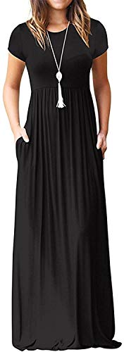 DEARCASE Maxi Dress for Women Black Small Crewneck Short Sleeves Wedding Guest A-line Casual Party Vintage Spring Summer Beach Long Dresses with Pockets