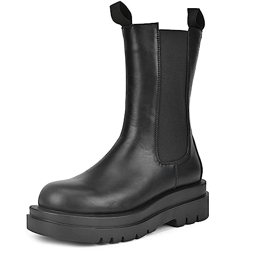 KEIIYJ Women's Platform Mid Calf Cleated Chunky Ankle High Boots in Black(MEG1-BK,US07)