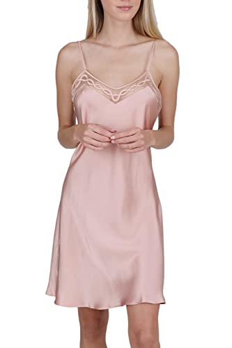 OSCAR ROSSA Women's Luxury Silk Sleepwear delicate hand crafted V neck 100% Silk Slip Chemise nightgown, Pink, S