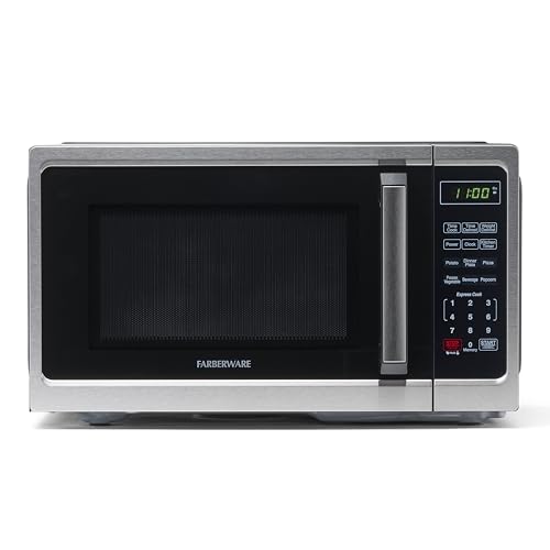 Farberware Countertop Microwave 900 Watts, 0.9 cu ft - Microwave Oven With LED Lighting and Child Lock - Perfect for Apartments and Dorms - Easy Clean Stainless Steel