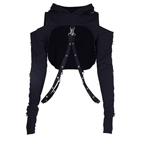 TOMETO STAR Women Gothic Punk Hoodies Bandage Crop Tops Long Sleeve Off Shoulder Pullover Sweatshirt for Rave Festivals Streetwear