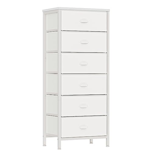 Furnulem White Dresser, Tall Storage Tower Standing Organizer with 6 Drawers for Bedroom, Office, Dorm, Living Room, Nightstand Bedside Furniture (White)
