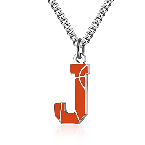 AIAINAGI Basketball Initial A-Z Letter Necklace for Boys Basketball Charm Pendant Stainless Steel Silver Chain 22 inch Personalized Basketball Gift for Men Women Girls(J)