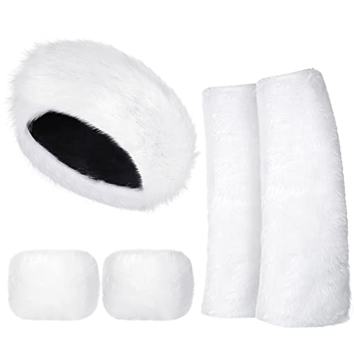SATINIOR 3 Pieces Faux Fur Headband Set Ear Warmer Headwrap Furry Wrist Cuff Leg Warmers Boot Cuff Winter Accessories for Women Girls (White)
