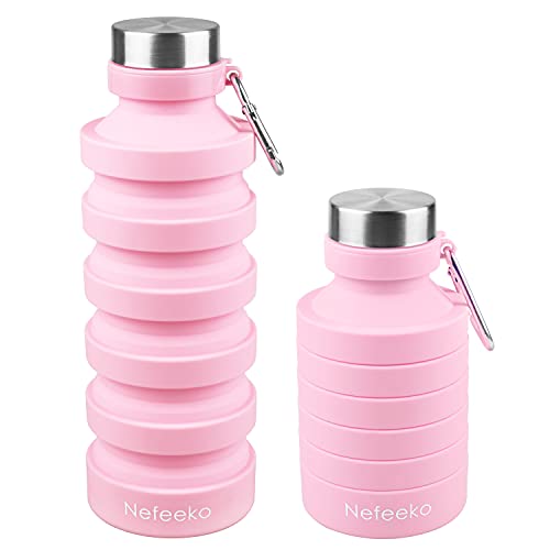 Nefeeko Collapsible Water Bottle, Reuseable BPA Free Silicone Foldable Water Bottles for Travel Gym Camping Hiking, Portable Leak Proof Sports Water Bottle with Carabiner