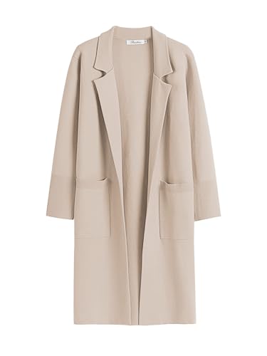 Prinbara Women's Knit Open Front Long Coats Dressy Casual Collared Sweaters Trendy Lapel Coatigan Apricot 1PA065-kaqi-S