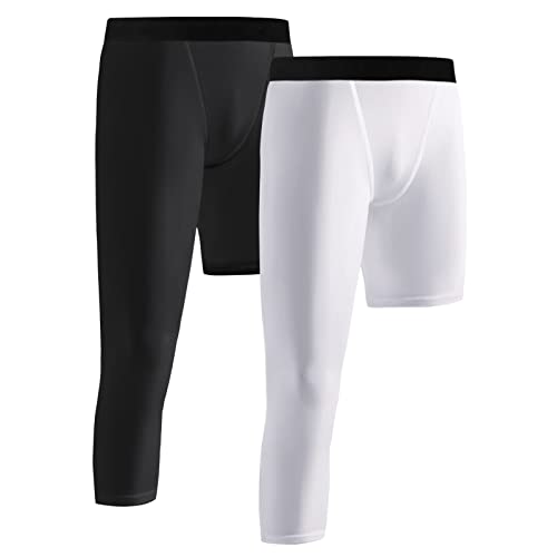 Blaward 2 Pack Boys Youth One Leg 3/4 Compression Pants Tights for Basketball Running Capris Gym Athletic Base Layer Leggings