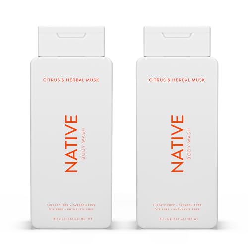 Natural Native Body Wash for Women, Men | Sulfate Free, Paraben Free, Dye Free, with Naturally Derived Clean Ingredients Leaving Skin Soft and Hydrating, Citrus & Herbal Musk 18 oz - 2 Pk