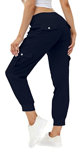 MoFiz Women Cargo Pants with Pockets Lightweight Outdoor Summer Travel Casual Hiking Pants Running Joggers Sweatpants Elastic Waist Navy M