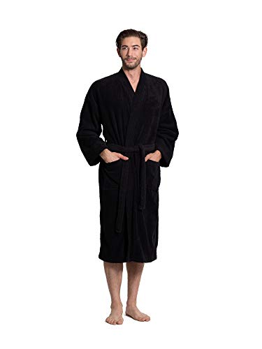 Turkuoise Men's Terry Cloth Turkish Cotton Kimono Collar Robe, Black, One Size
