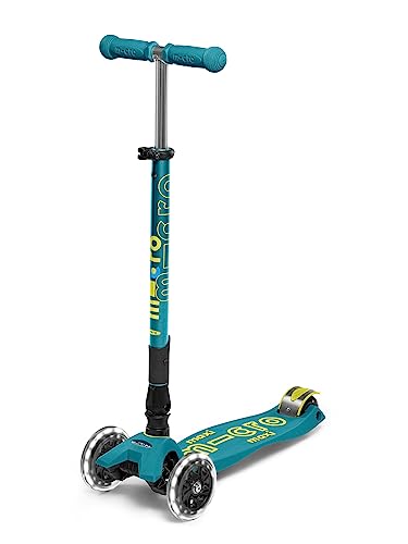 Micro Kickboard - Maxi Deluxe Foldable LED - Three Wheeled, Lean-to-Steer, Fold-to-Carry Swiss-Designed Micro Scooter for Kids with Motion-Activated Light-Up Wheels for Ages 5-12 (Petrol Green)