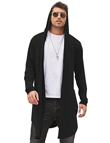 COOFANDY Men Black Hooded Cardigan Long Lightweight Shawl Collar Open Front Fashion Steet Wear Black