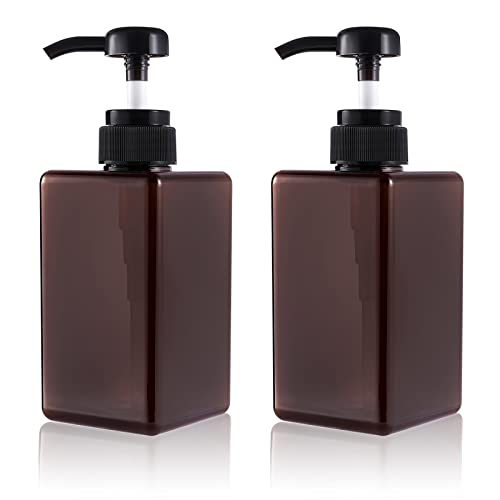 Pump Bottle, 15oz/450ml Refillable Plastic Empty Lotion Soap Dispenser Liquid Container for Shampoo or Body Wash, 2 Pack Amber