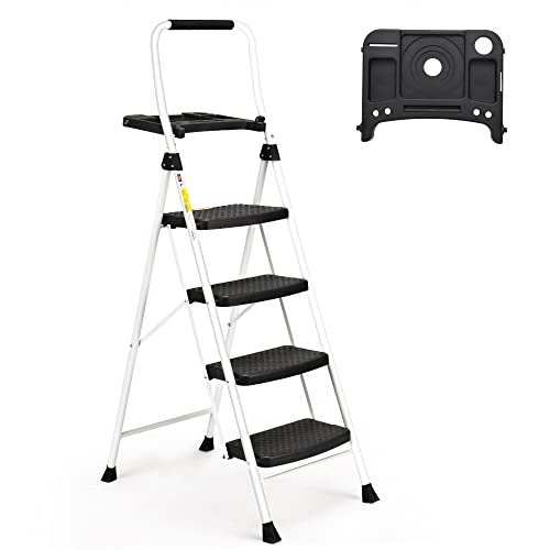 SocTone 4 Step Ladder, Folding Step Stool with Tool Platform, Sturdy& Portable Steel Ladder for Adults, 330LBS Capacity Ladder for Home Kitchen Pantry Office,
