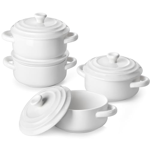 MALACASA Small Casserole Dish for Oven, 14 OZ Ceramic Mini Cocotte Set with Lid and Handle, White Ramekins Cocotte for Lasagna, Soufflé, and Soup, Microwave & Dishwasher Safe, Series BAKE.BAKE