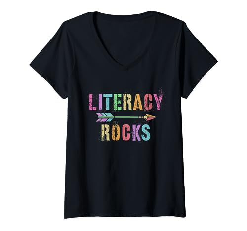 Vintage LITERACY ROCKS Preschool Kinder Reading Team Teacher V-Neck T-Shirt