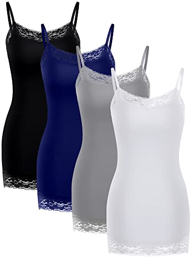 Bencailor 4 Pack Women's Long Tank Tops, Lace Camisole Neck Cami Adjustable Spaghetti Strap Undershirts for Women(Black, Gray, Navy, White,Small)