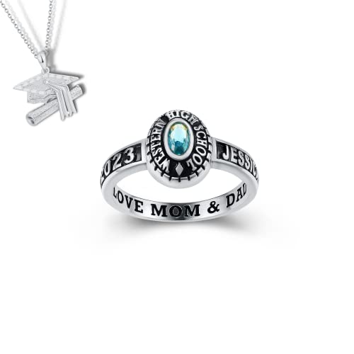 Customized Sterling Silver or 10 KT Gold Women Class Ring – Black Band Collection – High School and College Class Ring (Sterling Silver Platinum, 8.5)