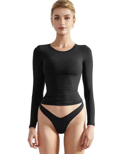 SUUKSESS Women Double Lined Fitted Basic Tee Shirts Crew Neck Long Sleeve Going Out Crop Tops (Jet Black, S)