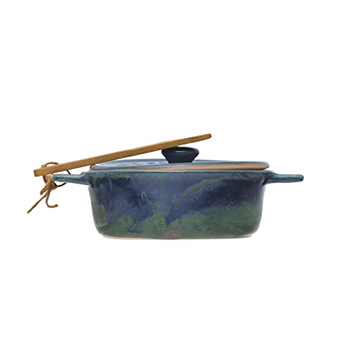 Creative Co-Op Stoneware Bamboo Spreader Brie Baker, 9' L x 7' W x 3' H, Blue