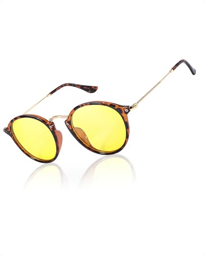 LVIOE Night Driving Glasses Small Retro Vintage Round Wire Gold Ultralight Yellow Anti Glare Night Vision Glasses LN2447