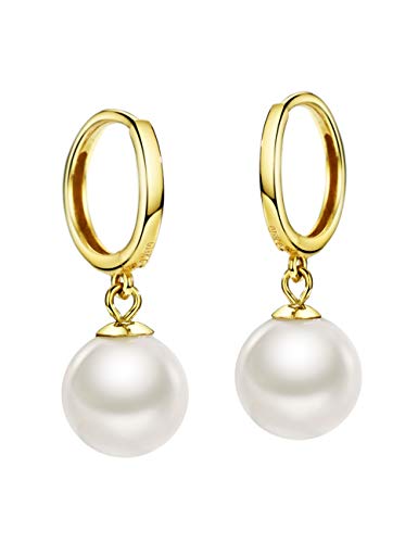 18K Gold Freshwater Cultured Pearl Drop Dangle Earrings Dainty Small Huggie Earrings Hoop Earrings with 7mm Round Pearl Jewelry for Women