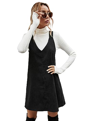 Milumia Women's V Neck Corduroy Pinafore Overall Mini Dress Jumper Dress Black Large