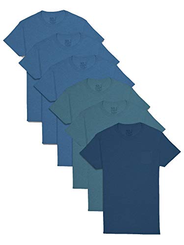 Fruit of the Loom Men's 6-Pack Eversoft Cotton Pocket T-Shirts, Breathable & Tag-Free, Assorted Blues, XL