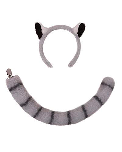 Lemur Ears and Tail Set - Lemur Costume Kids Cosplay Accessory - Bendable Tail - Animal Ears Headband, for Halloween Party