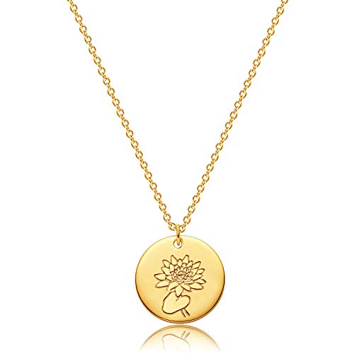 MEVECCO Birth Flower Necklace 18k Gold Engraved Custom Floral Pendant Necklaces Dainty Lotus Month Flower Disc Charm Hand Stamped Flower Disk Necklace Personalized Jewelry Birthday Gift for Her