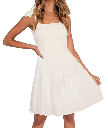 ZESICA Women's Summer Spaghetti Strap Sleeveless Square Neck Ruffle A Line Swing Mini Dress,Ivory,Small