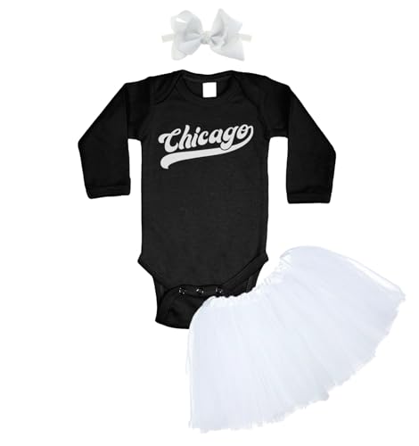 Haase Unlimited Chicago - Baseball Jersey Style Script Long Sleeve Baby Bodysuit + Tutu Skirt + Bow Headband Set (Long Sleeve Black Bodysuit/White Tutu, 6 Months)
