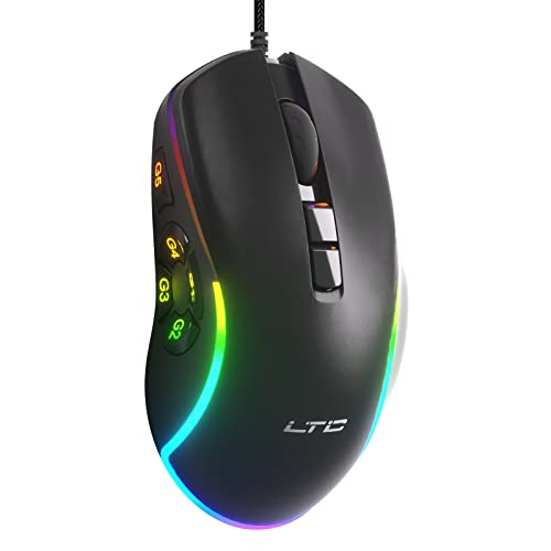LTC MKM051 MMO Gaming Mouse, 10 Programmable Buttons, 7200 DPI, Wired RGB Mouse Ergonomic Natural Grip Build, 5 Side Macro Keys, Software Supports DIY Keybinds & Backlit, Black