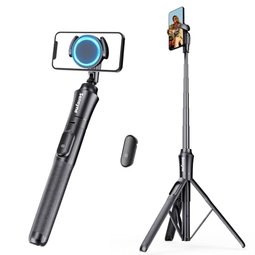 Sensyne 62'' Magstick Selfie Stick Tripod, All-in-One Phone Tripod with Magnetic Phone Holder and Detachable Wireless Remote, Compatible with MagSafe, All Cell Phones