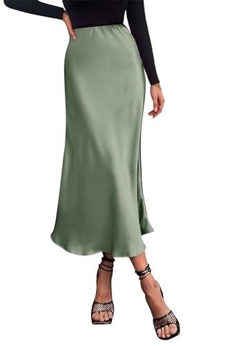 PRETTYGARDEN Women's Summer Midi Satin Skirt Dressy Casual High Waisted A Line Flowy Ruffle Elegant Party Skirts (Light Green,Small)