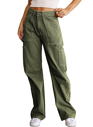 Dokotoo Cargo Pants Women High Waisted Baggy Wide Leg Womens Pants 6 Pockets Womens Fashion Y2K Clothing Casual Combat Military Trouser Green