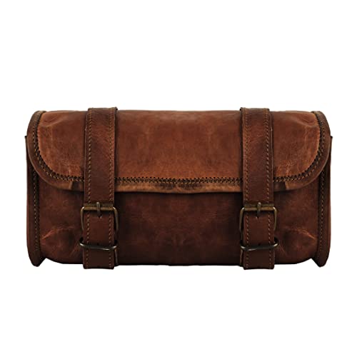 Genuine Goat Leather Vintage Motorcycle 2 Strap Buckle Closure Tool Brown Bag Quick Release Clasp REINFORCED for handlebars,Forks, Sissy Bar - 10' Christmas New Year Gift Idea